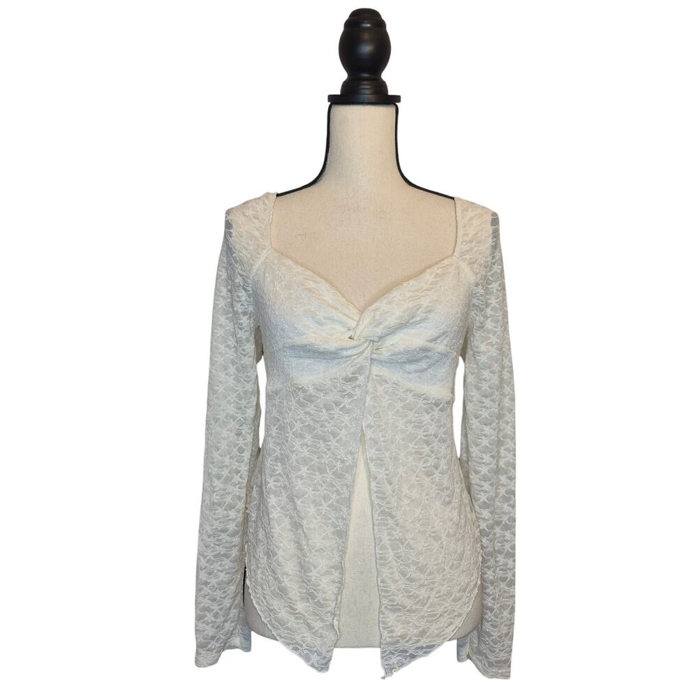 Lush Cream Floral Lace Twist Front Flyaway Long Sleeve Fairy Coquette Top Sz L